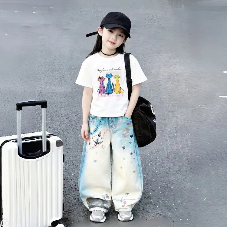 Summer Children Girls 2PCS Clothes Set Cartoon Print T Shirts+Starry Sky Pants Fashion Cool Suit Streetwear Teens Tracksuits