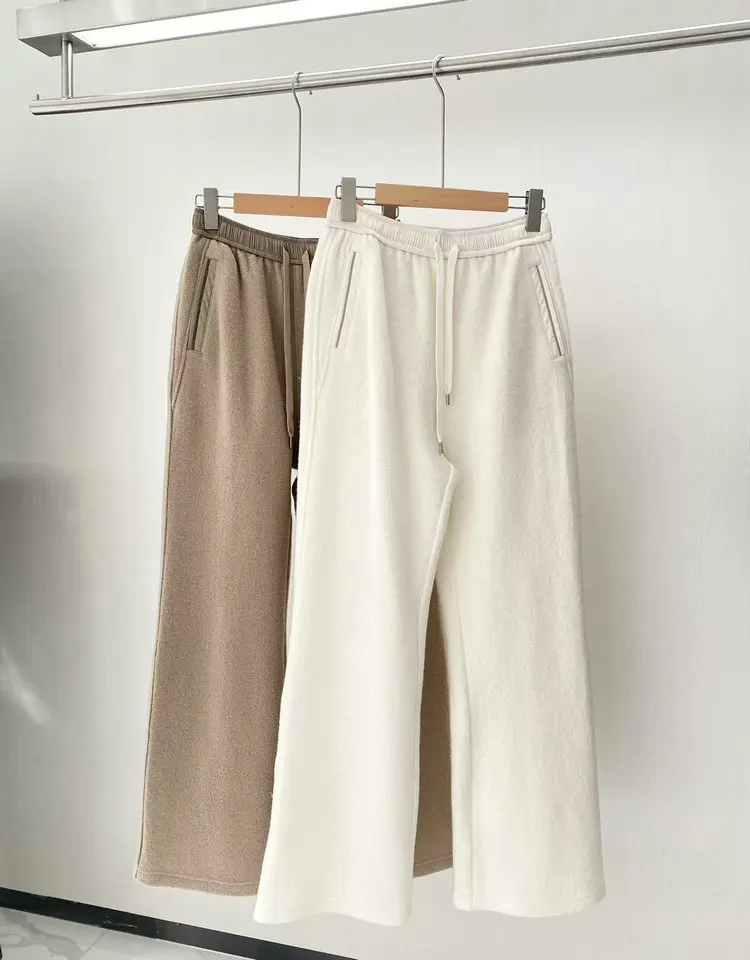 Autumn Winter B*C Women's Wool Trousers Beaded Pockets Elastic Waist Straight Loose Ladies Wide Leg Pants