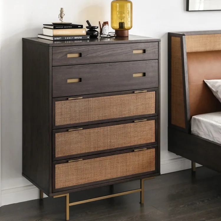 

Retro solid wood rattan chest of drawers, bedroom storage cabinet, living room, wabi-sandy wind designer storage locker, small