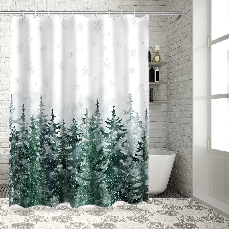 Watercolor Misty Fir Forest Light Blue Snowflake Winter Bathroom Shower Curtain No Drilling Hooks Included 12 Pcs
