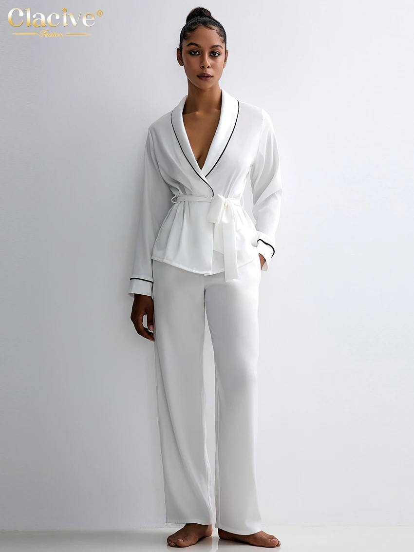 

Clacive Casual Loose White Satin 2 Piece Sets Women Outfit 2025 Elegant Long Sleeve Lace-Up Robes With High Waist Pants Set