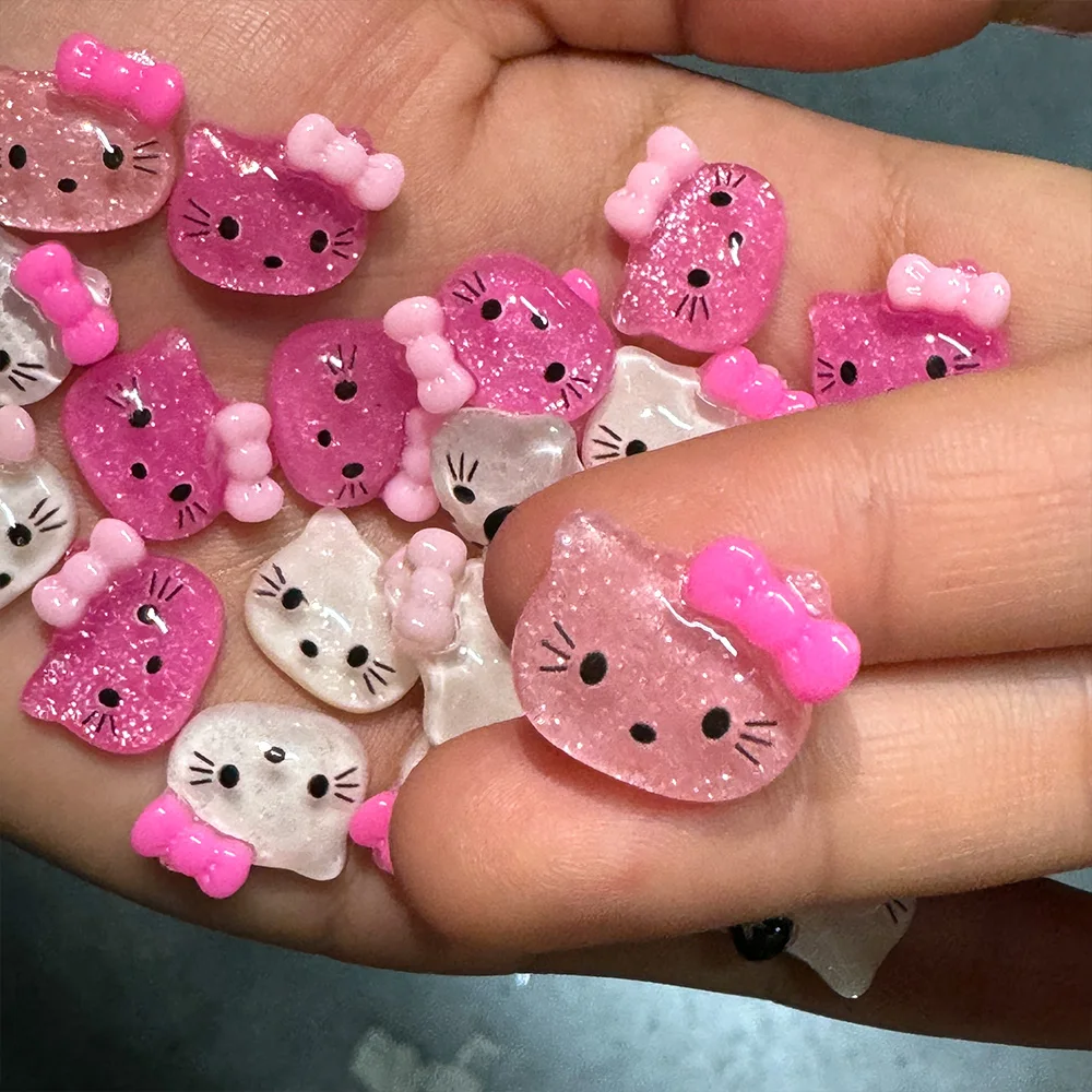 30/10PCS Mixed Glitter Hello Kitty Nail Charms Bobbi red Kawaii hellokitty Head Resin Nail Tips Decor Y2k INS Nail Craft Jewelry