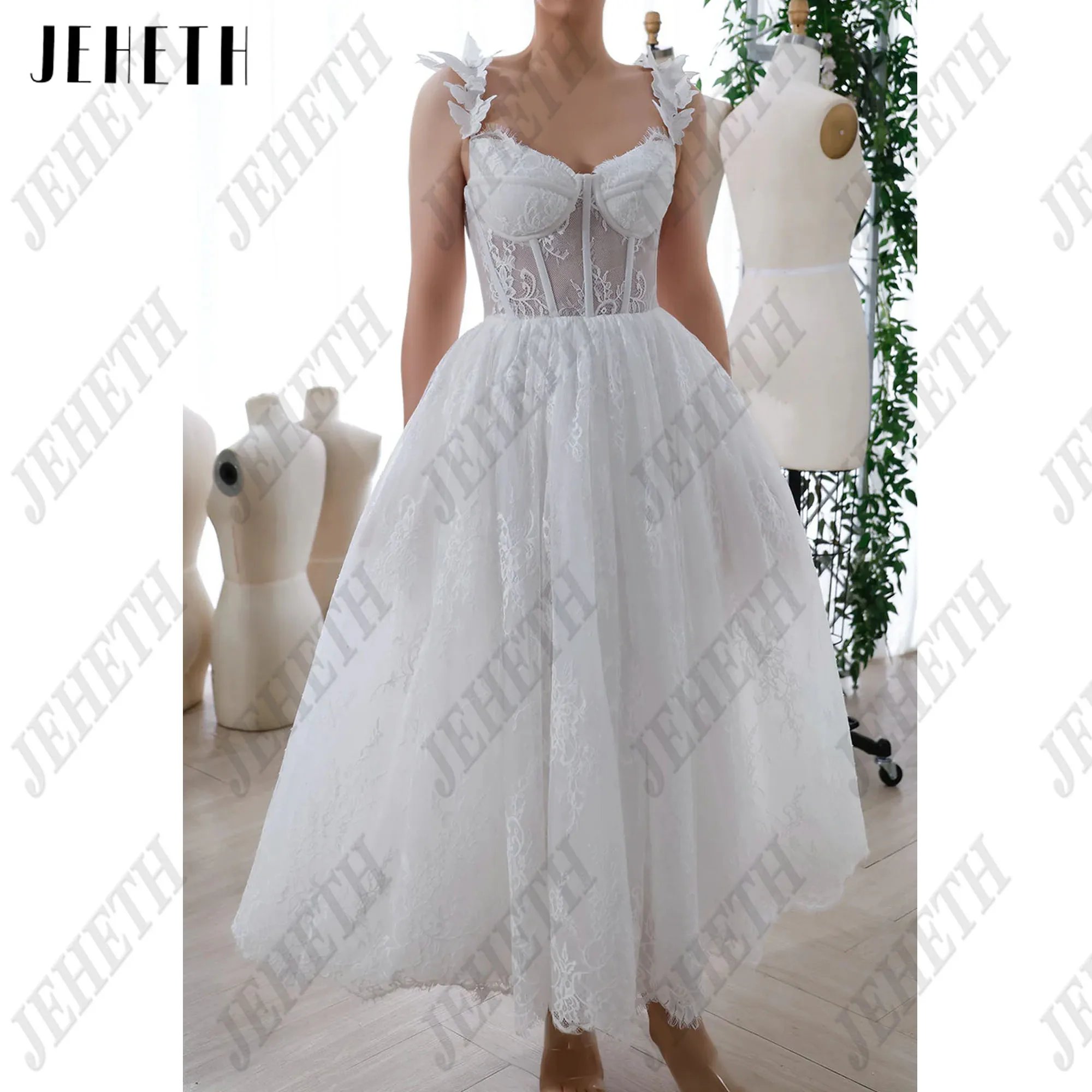 

JEHETH Lace Butterfly Prom Dress Sweetheart Spaghetti Straps Ivory Party Gowns Customized Ankle Length فساتين للمناسبات الخاصة