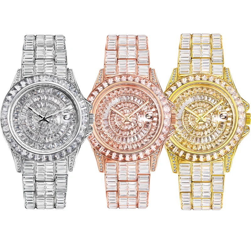 

Luxury Quartz Watches for Men Women Hip Hop Stunning Full Stone Gold Color Wristwatch Date Luminous Waterproof Fine Clock Watch