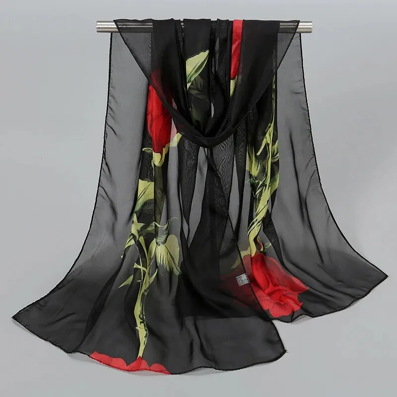 New Rose Chiffon Silk Scarf Women Lightweight Shawl Summer Outdoor Sun Protection Long Muffler 150*50cm