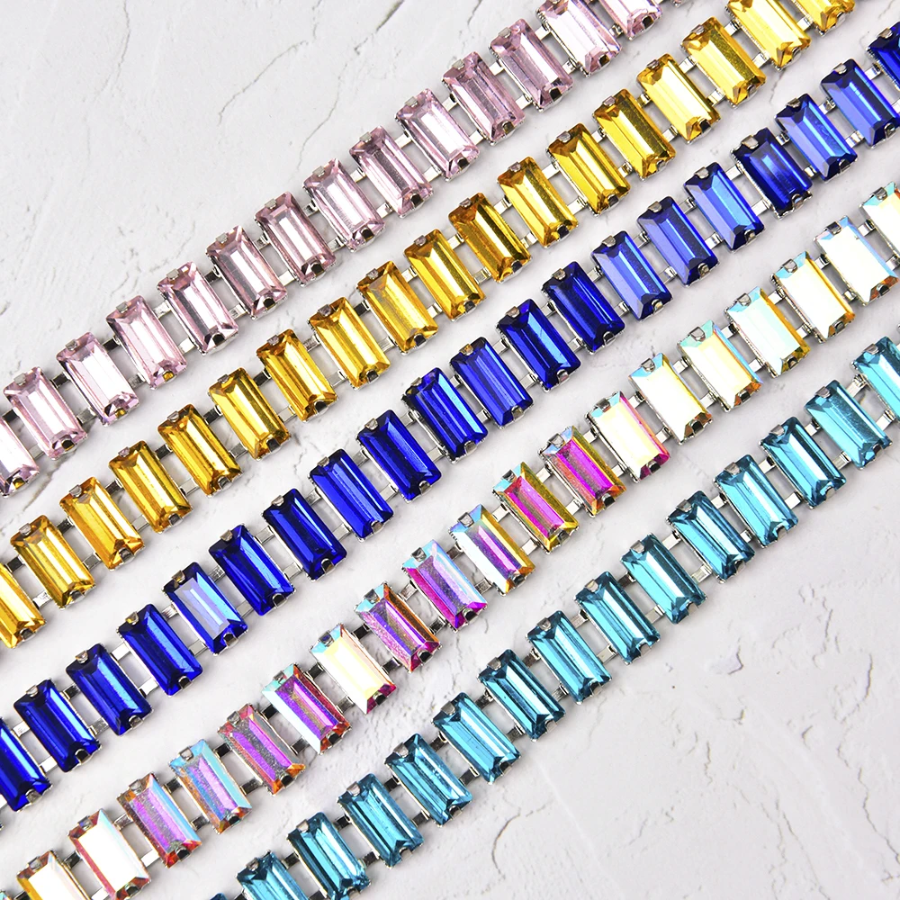 Handmade Colorful 5*10Mm Rhinestone Chain Sew On Rectangular Glass Crystal Trim Applique Metal Chain Clothing Accessories