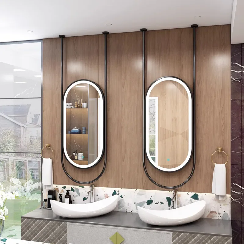 Simple Oval Hollow Smart Bathroom Mirror Touch Luminous Ceiling Hanging Light with Double Rod for Hotel and Home Use