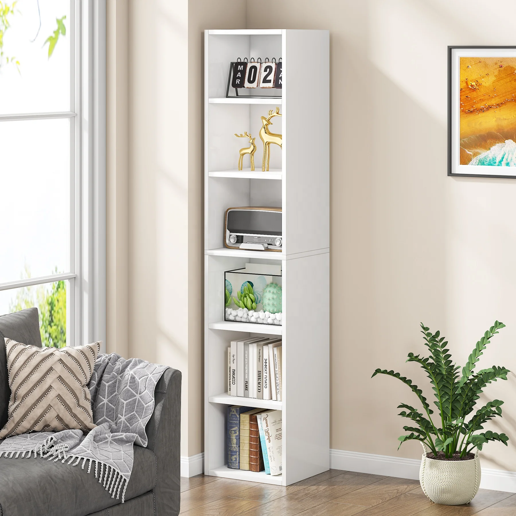 

Wooden Bookcase Modern White Living Room Furniture Corner Rack 6 Tiers Rectangular Simple Book Shelf