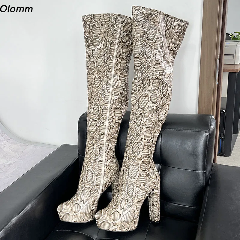 

Olomm Handmade Women Winter Thigh Boots Platform Chunky Heels Round Toe Beautiful Grey Cosplay Shoes Plus US Size 5-20