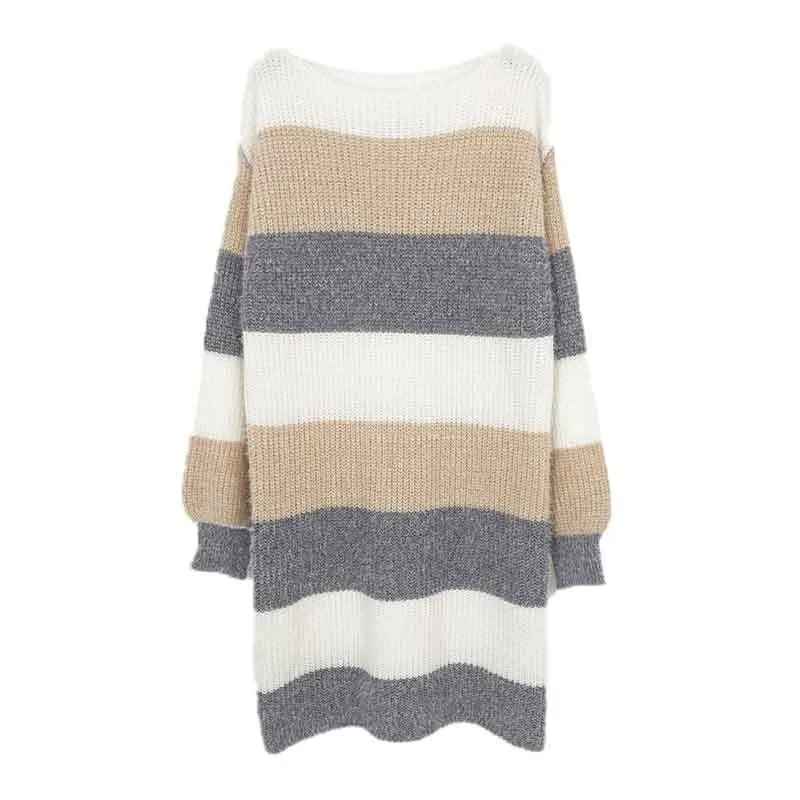 

Trendy versatile contrasting striped medium and long dress, casual loose round neck long-sleeved knitted dress