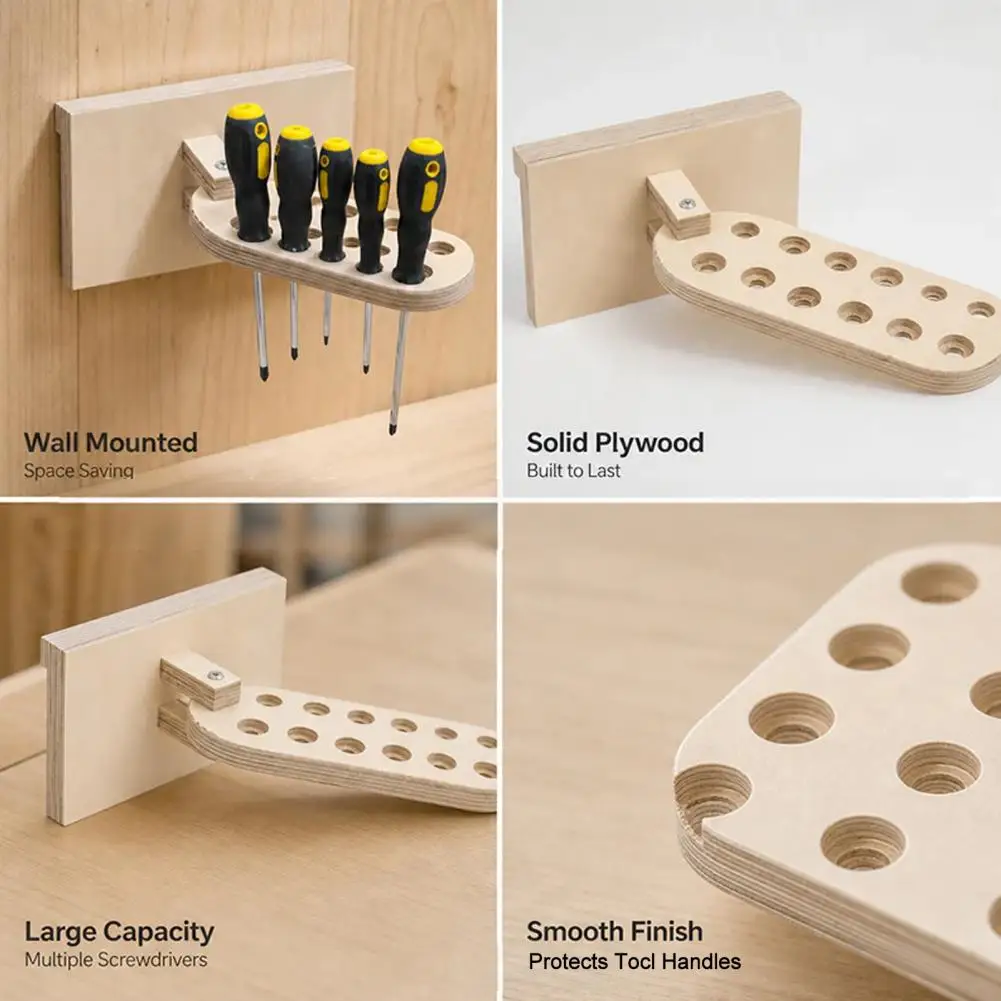 Wall Mountable Screwdriver Rack Rotatable Screwdriver Storage Rack Wall Mounted Wooden Tool Organizer Multi-hole for Workbench
