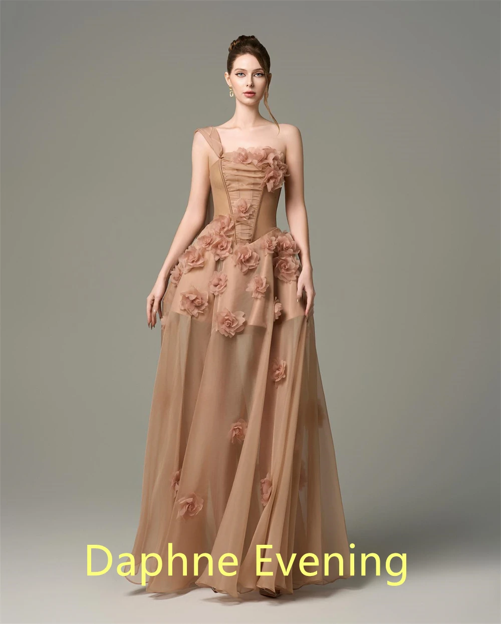 Robe de soirée en mousseline de soie Champagne délicate, personnalisée, sans bretelles, sans manches, robes de célébrité, fleurs, robe de soirée à lacets