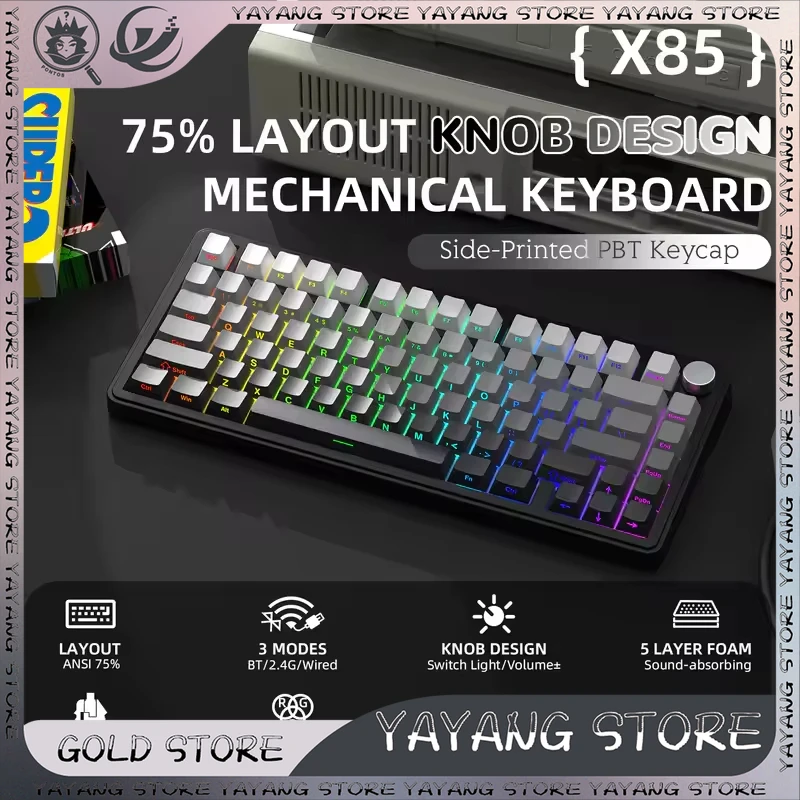 Attack Shark X85 Gaming Mechanical Keyboard 2.4G Tri-Mode Bluetooth RGB TFT Screen Metal Knob Full-Key Hot-Swap Compatible Gift