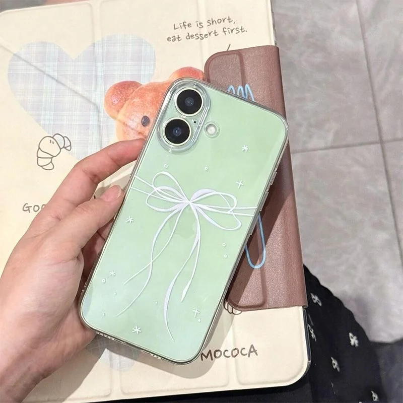 Transparente Handyhülle mit großem Loch, violett und weiß bemalt, mit Schleife, für iPhone 11 12 13 14 15 16 17 18 Pro Max – Detail 3