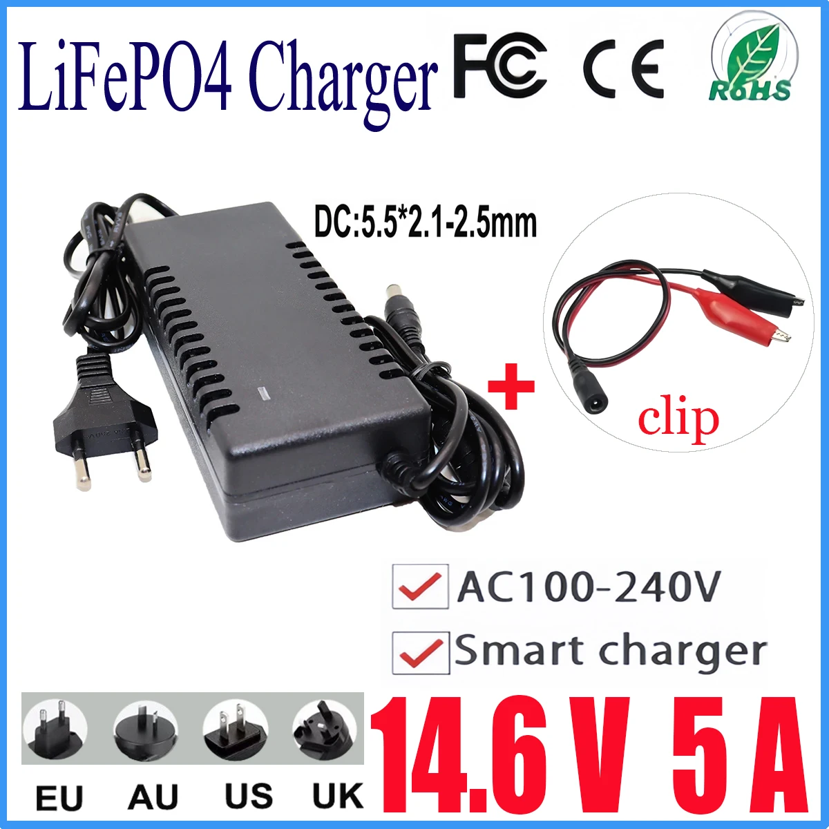 

Brand new 14.6V 5A LiFePO4 Charger 4S 12.8V Lifepo4 battery pack charger Smart power off AC100-240V +Crocodile clip