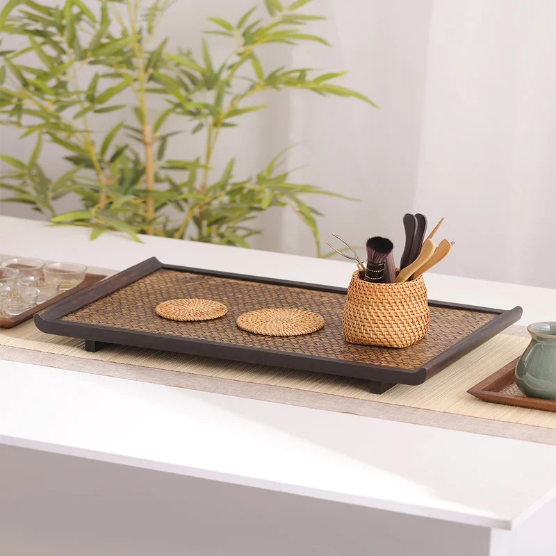 Zen Retro Style Tea Tray Japanese Solid Wood Bamboo TrayRattan Woven Household OrganizerTraditional Tea Holder Tea