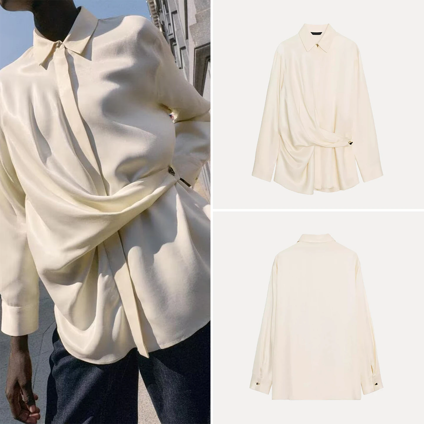 

Z Women's Faion Casual Silk Satin Double-Breasted irt Ele Personali 2025 New Sle Autumn Long Sve Blouse