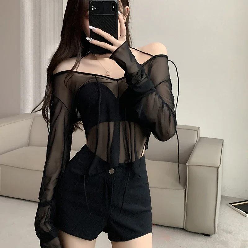 Sexy Women T Shirt See Through Transparent Mesh Tops Long Sleeve Sheer Slim Ladies V Neck Black T-shirt Spring Summer