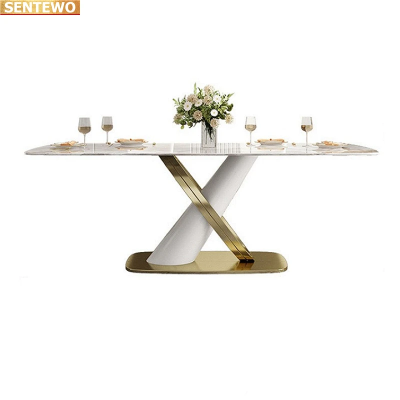 Designer Luxury kitchen room Marble Rock Slab dining table set 4 6 chairs mesa de jantar tavolo pranzo Stainless steel gold base