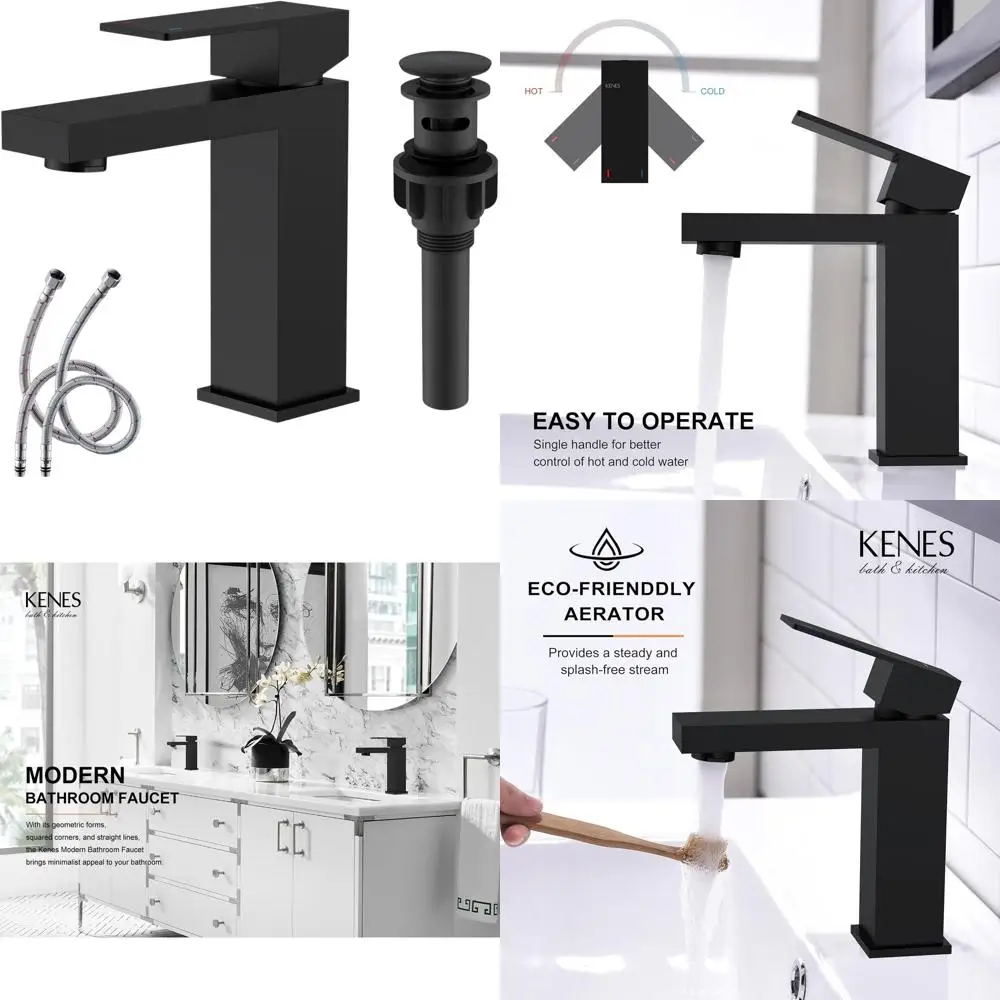 

Stainless Steel Single Handle Bathroom Sink Faucet with Pop-Up Drain and Hoses, Matte Black LJ-9031-2