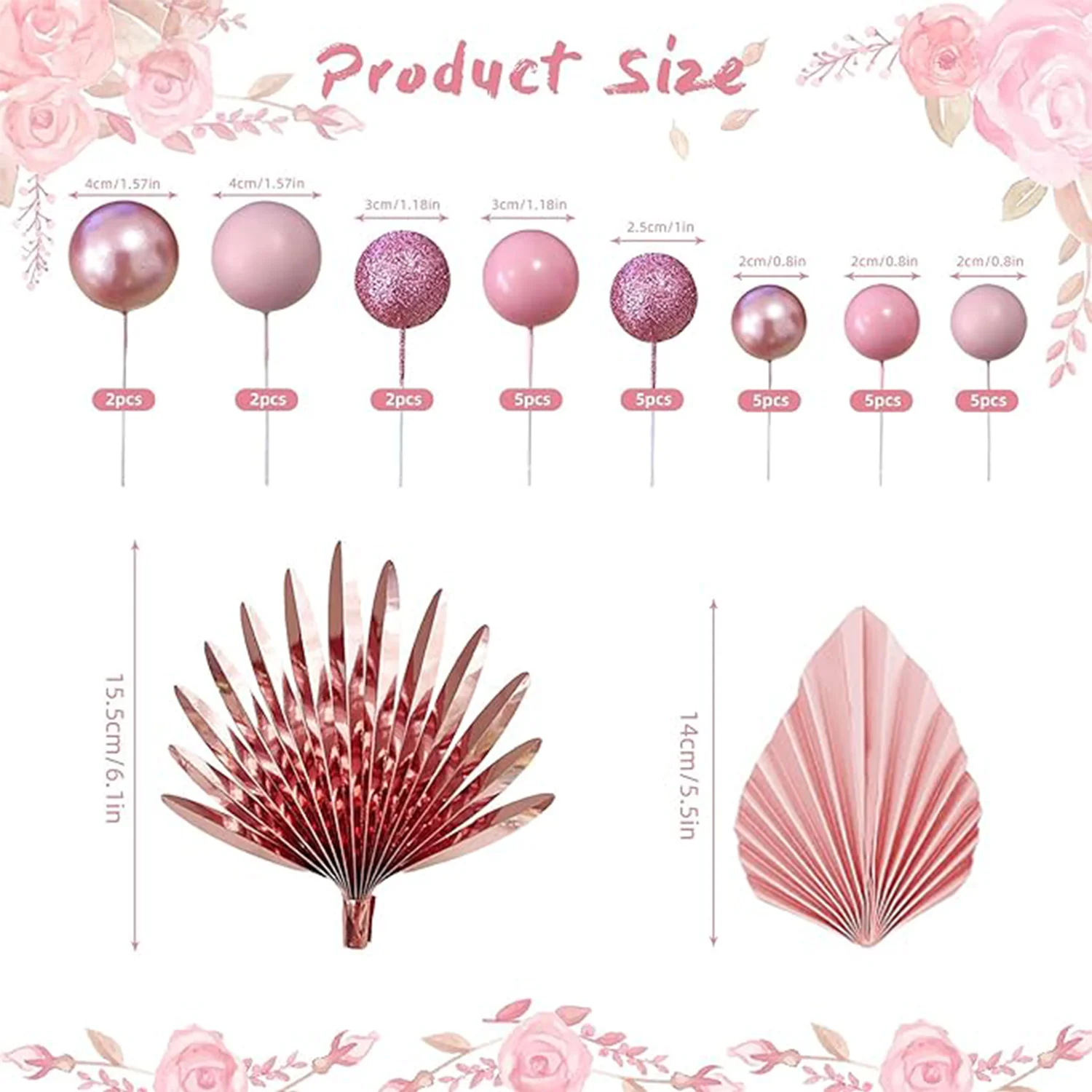 33PCS Balls Cake Toppers Palm Leaves Cake Decorations for Birthday Wedding Baby Shower Party Supplies Mother\'s Day