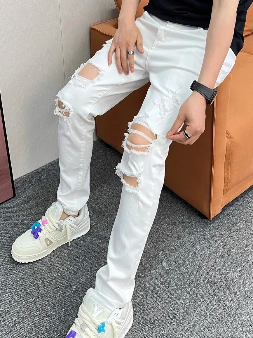 

Summer Thin High Street Men's Jeans Repair Slim Straight Bla Hip Hop Pants White Casual Trousers Wear Resistant Long Pants