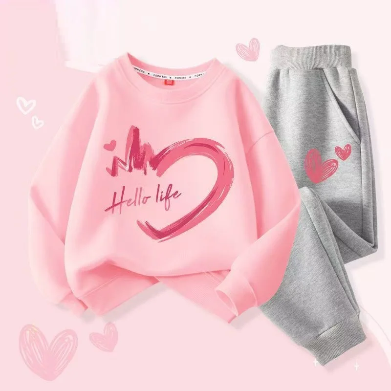 Autumn Baby Girls Clothes Set Kid Heart Printed Sweatshirts Pullover Top And Pants 2 Pieces Suit  Children Sweet Tracksuits