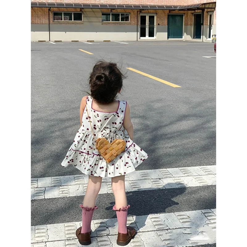 

Korean Summer Sleeveless T-Shirt Cherry Pattern Shorts Two-Piece Casual Elegant Set Outdoor Clothes For Children From 3 To 8