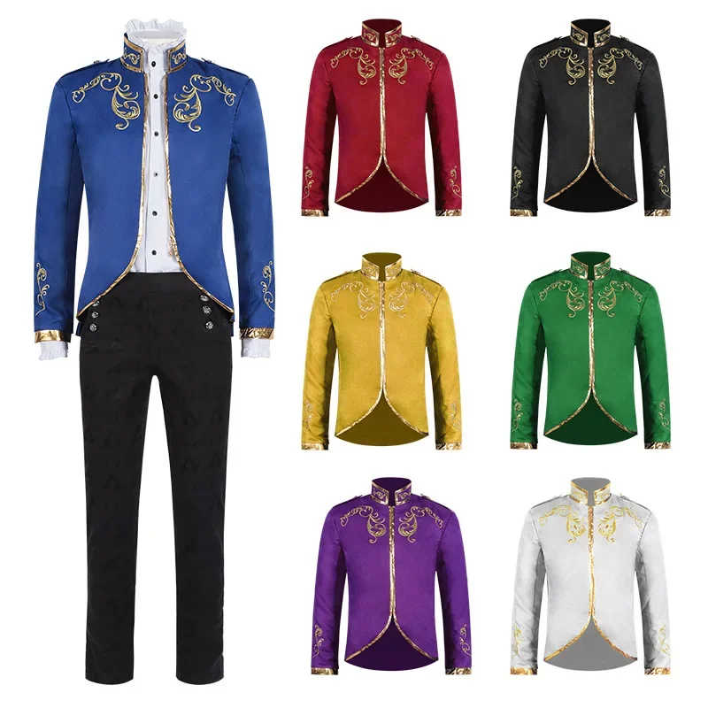 2025 New White Halloween Standing Collar Fashion Jacket for Men,Purple Medieval Court Prince Gold Embroidered Suit Sport Jackets