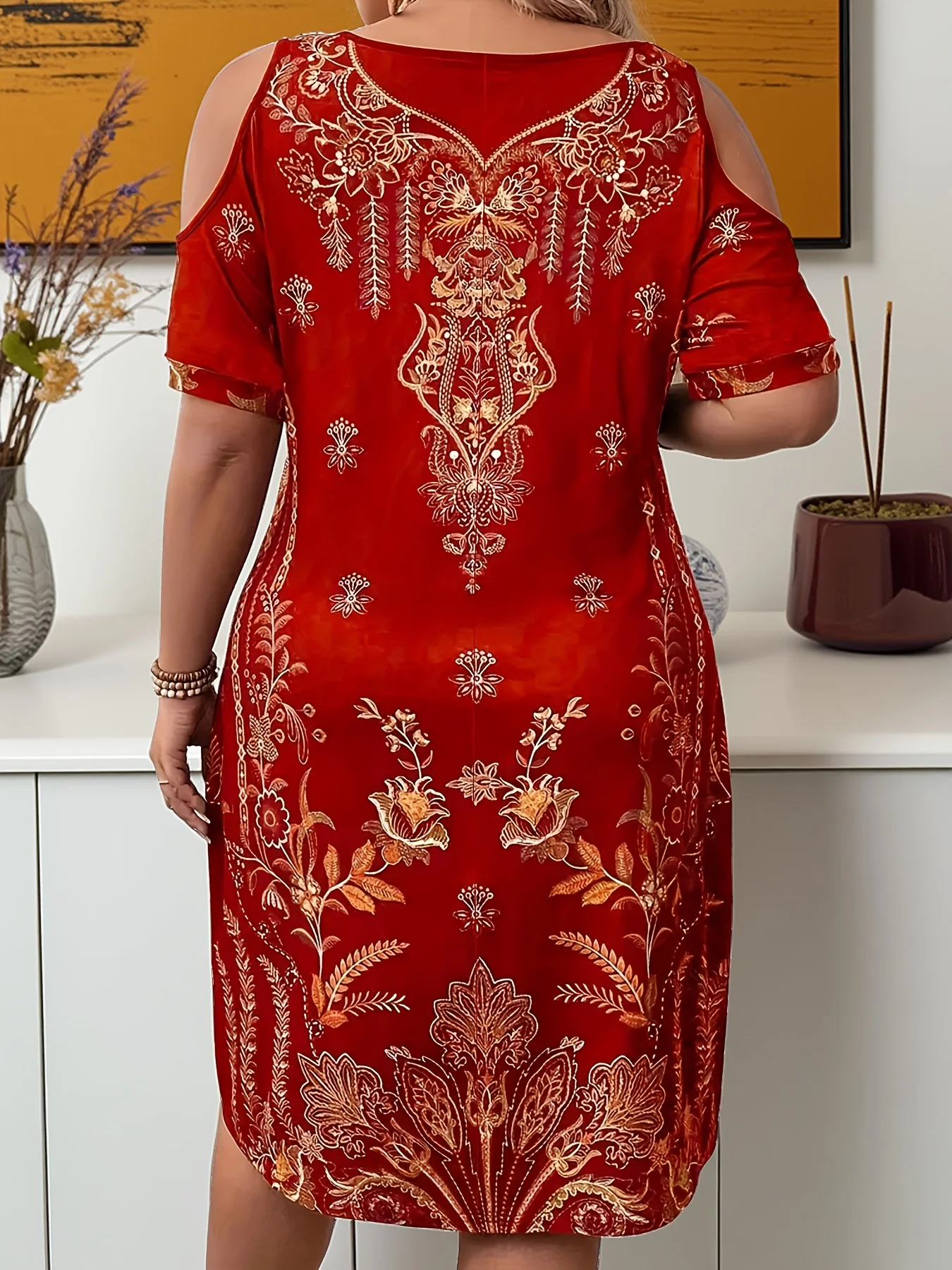 فستان مطبوع على الطراز البوهيمي العرقي مقاس كبير، فستان خارج الكتف، فستان صيفي كاجوال بأكمام قصيرة ورقبة على شكل V، ملابس بمقاسات كبيرة