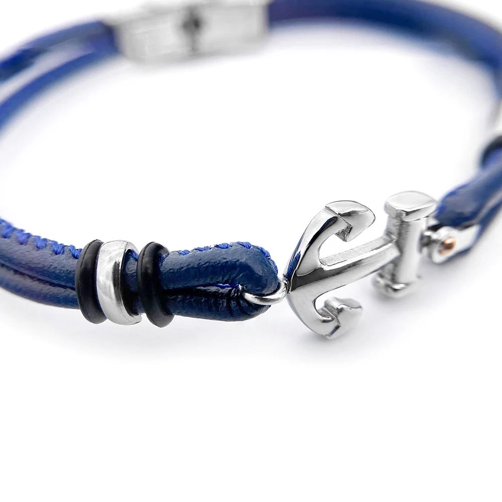 Runda Genuine Leather Blue with Anchor Shape Stainless Steel Adjustable Link Men's Bracelet