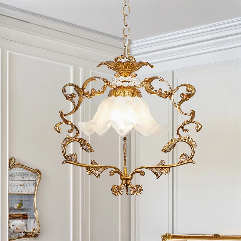 

New French retro European light luxury high-end pearl dining room bedroom entrance cloakroom all-copper glass chandelier