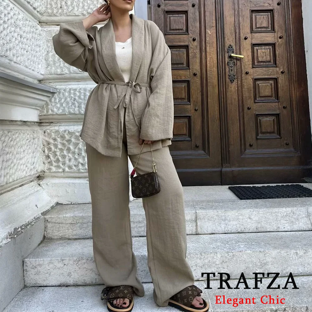 TRAFZA Casual Solid 2 Piece Women Set Fashion 2024 Summer Texture Long Sleeve Kimono-Style Outerwear+Pajama Pants NightWear Suit