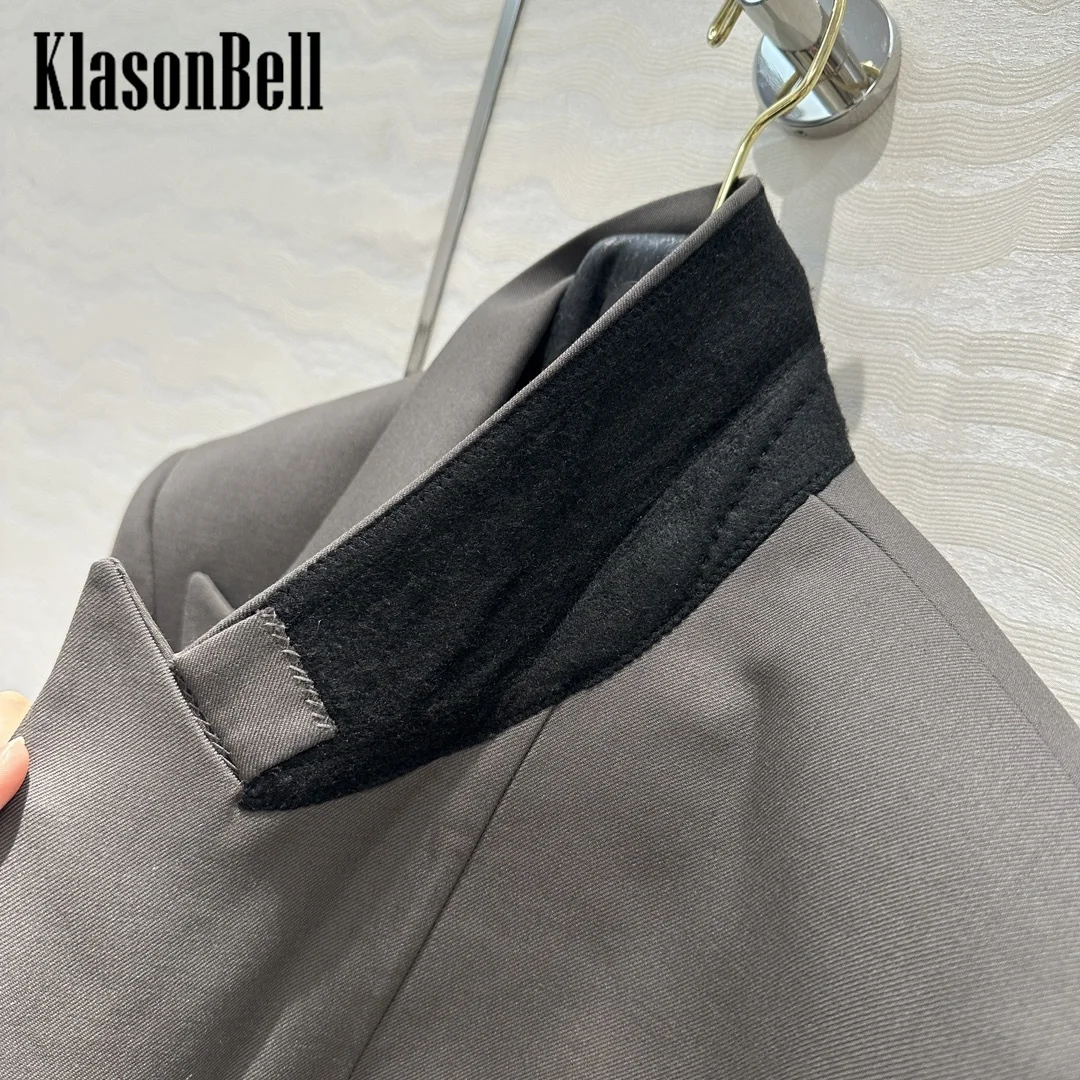 9.19 KlasonBell Women Classic Double Breasted Wool Blend Blazer Shoulder Pads Straight Mid-Length Long Sleeve Jacket