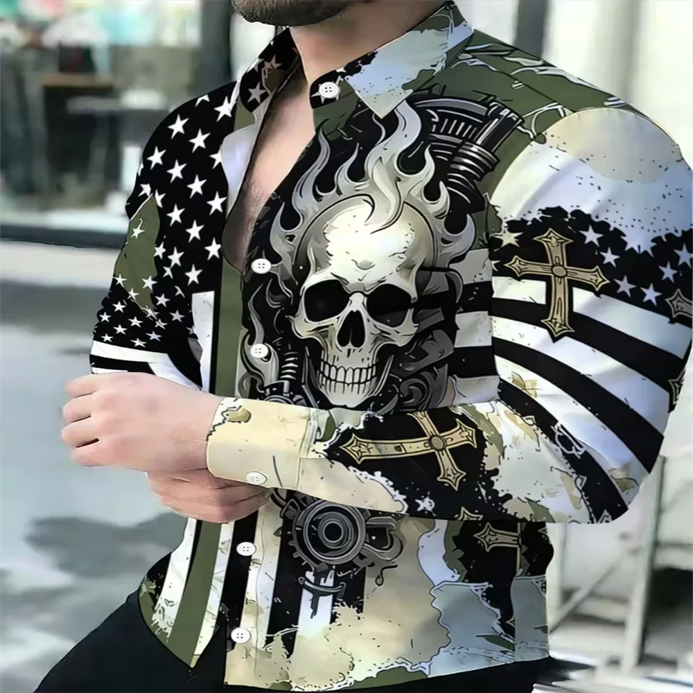 Halloween shirt men's long sleeved lapel shirt classic skull print funny shirt holiday party comfortable men's clothing