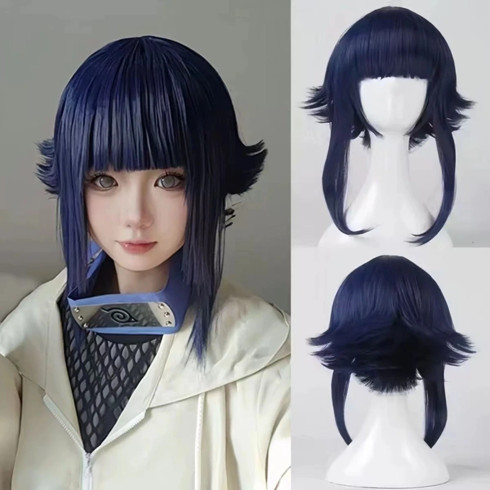 Hinata Hyuga Childhood Version Cosplay Wig Blue Black Short Hair Rose Net Heat Resistant Synthetic Fiber Halloween Costume Wig