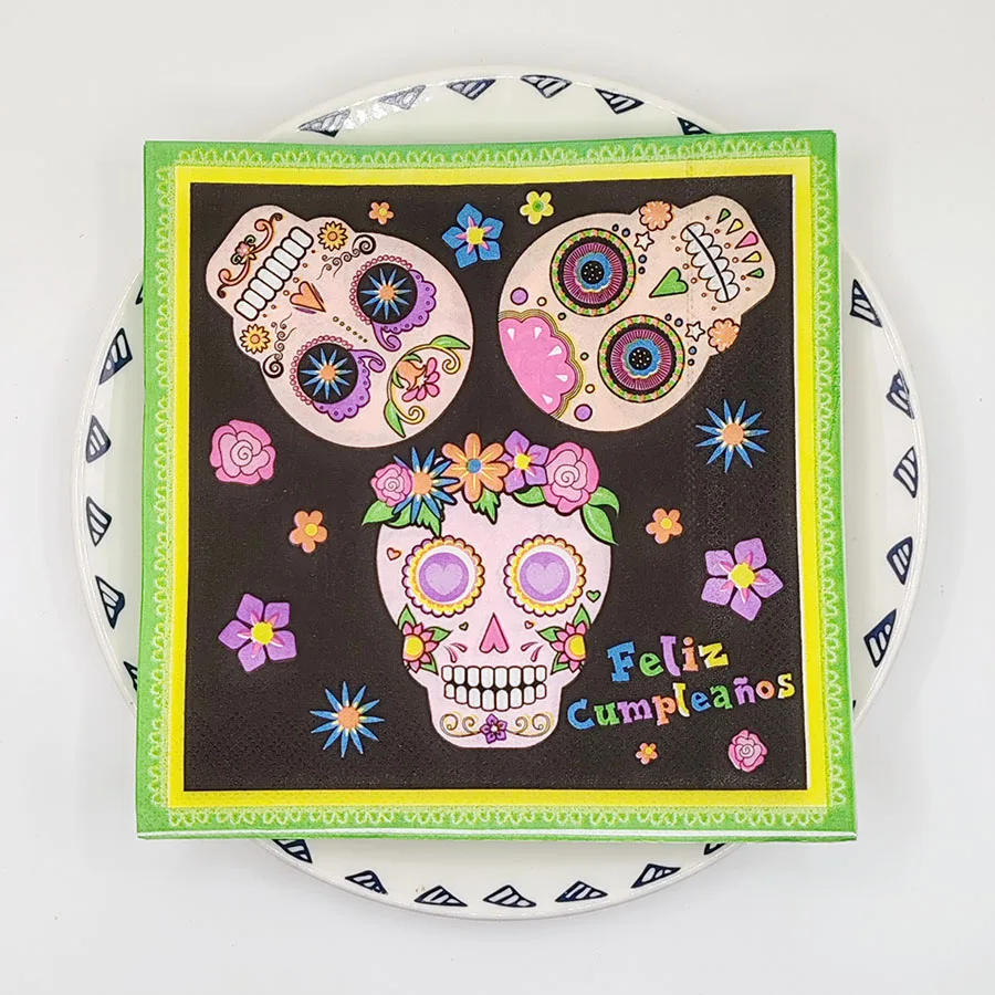 مناديل كالافيرا المكسيكية مقاس 13 بوصة جماجم مكونة من طبقتين مرسومة يدويًا وقطيفة وقماط فيليز |   ديكور طاولة فييستا، مستلزمات دي مورتوس