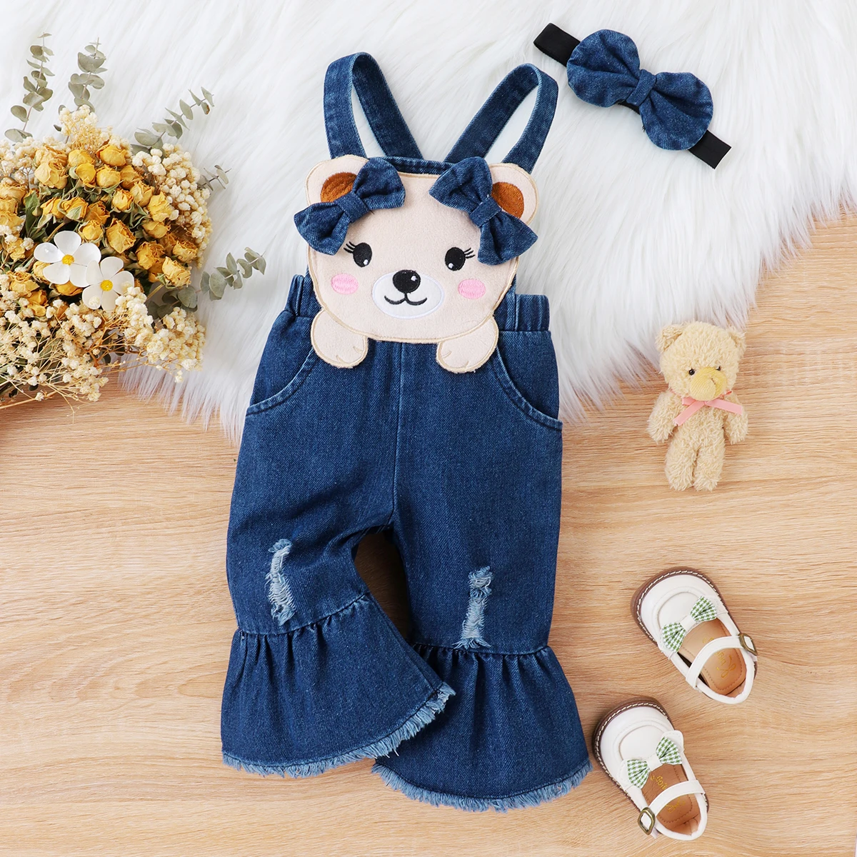 

PP PatPat Baby Girl Ruffled Rib-knit Top and Denim 3D Bear Pattern Flared Overalls Set