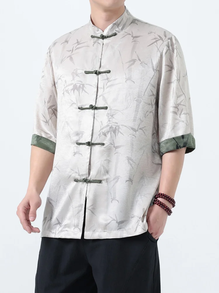 

Мужская рубашка из ледяного шелка с коротким рукавом, свободного кроя, тонкая, с атласным эффектом, в стиле Тан, новый китайский стиль, молодежная мода, Ханьфу, с принтом, на пуговицах