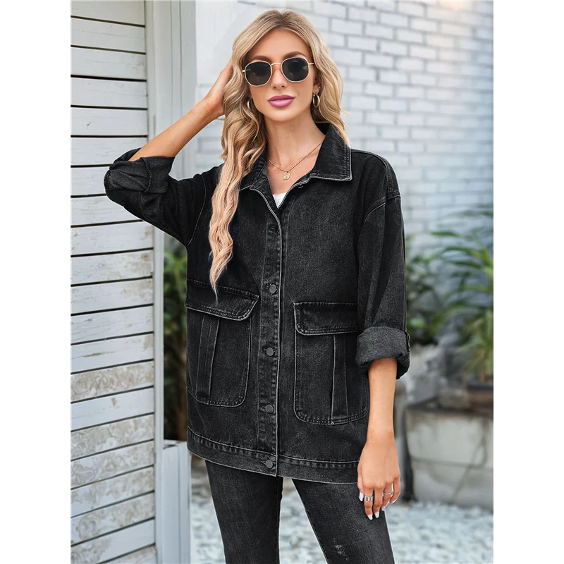 ABGR-Giacca di jeans da donna abbottonata Giacca di jeans blu vintage invecchiata nera grigia L