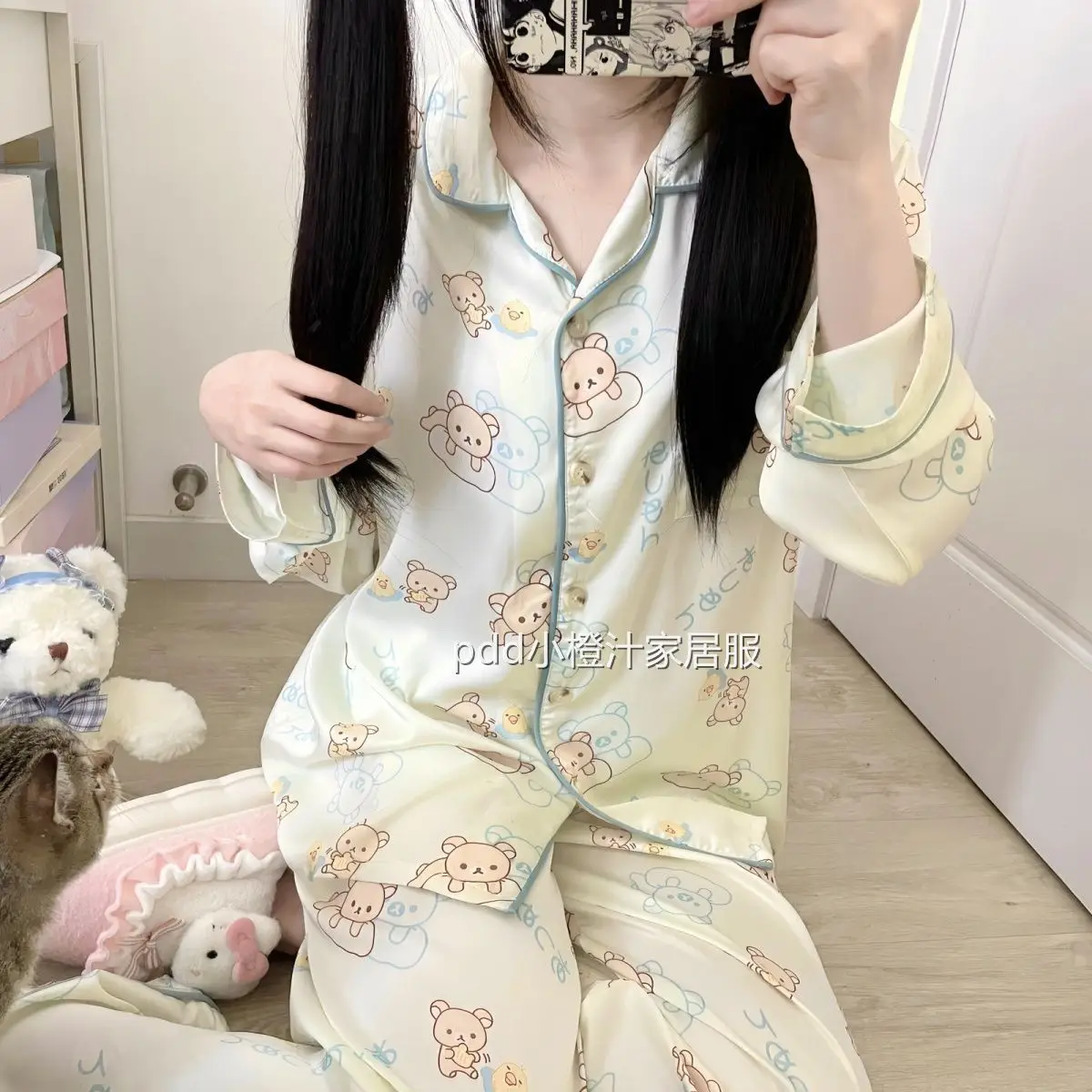 Kawaii Rilakkumas منامة للنساء ربيع الخريف الإنترنت الشهيرة طويلة الأكمام السراويل الطويلة لطيف طالب المنزل مجموعة الفتيات الهدايا اللعب