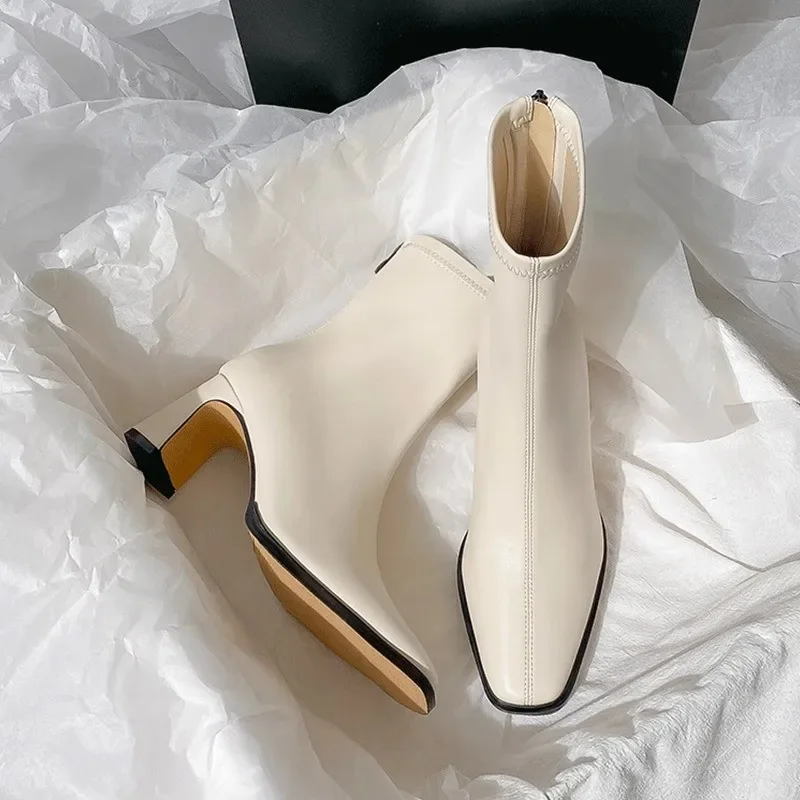 مربع حذاء من الجلد الخريف مريحة لينة جلدية أحذية عالية الكعب المرأة موضة سستة مزاجه بسيط أحذية نسائية