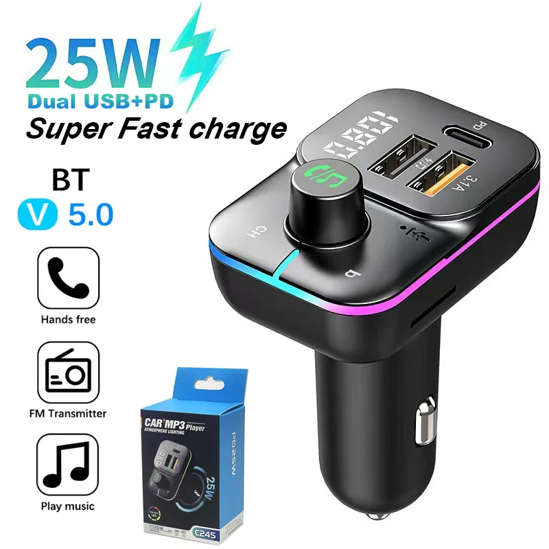 

Bluetooth 5.0 FM Transmitter Car Adapter with Type-C PD QC3.0 USB Port Support MP3 Player Handsfree Calling With Color Aperture