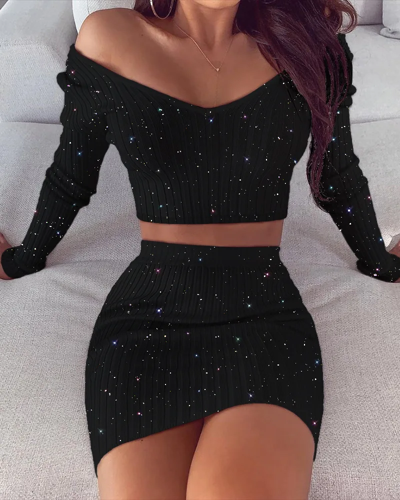 Women Dress Sets Casual Sexy Off Shoulder Long Sleeve Summer New Bodycon Sexy Sequin Mini Dresses