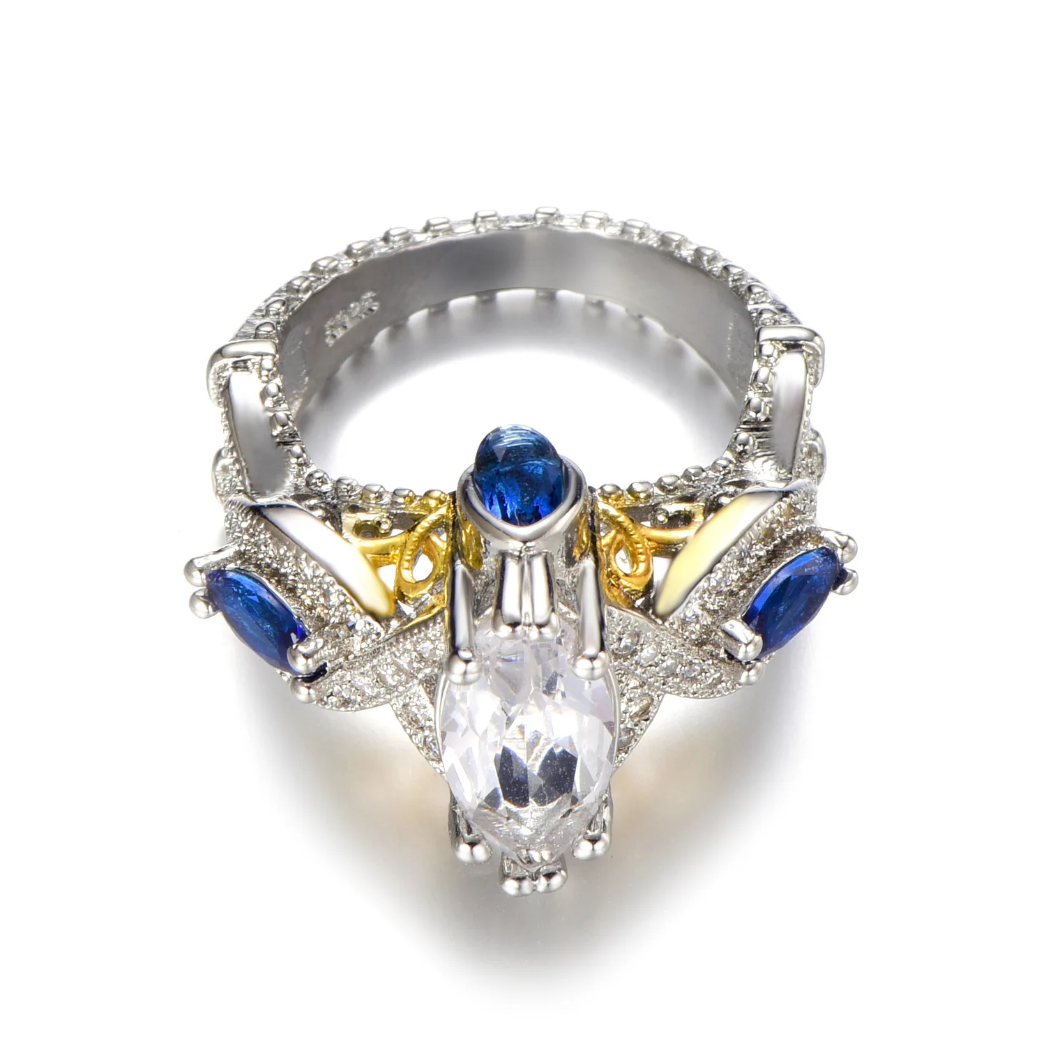 Hot Sale inlaid blue zircon two-color ring 18k gold color separation ring