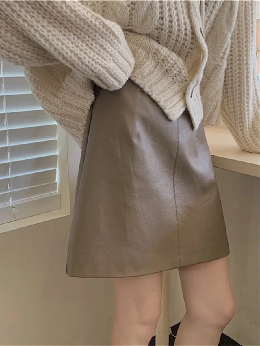 

High Waist A-Line Skirt Women's Summer Thin PU Leather ort Skirts Bodycon Korean Sle Pure Color Commute Faion