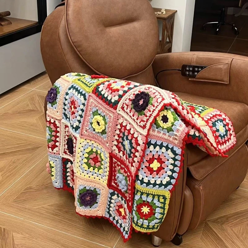 Handmade Granny Square crochet blanket Hand hooked colourful crochet sofa blanket cushion felt pastoral style home&living gift