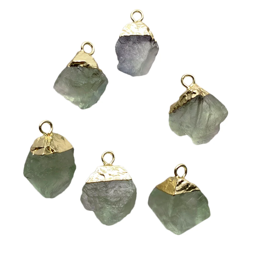 10 PCS Natural Green Fluorite Rough Pendant 16x20mm Gold-Plated Charm For Jewelry Making