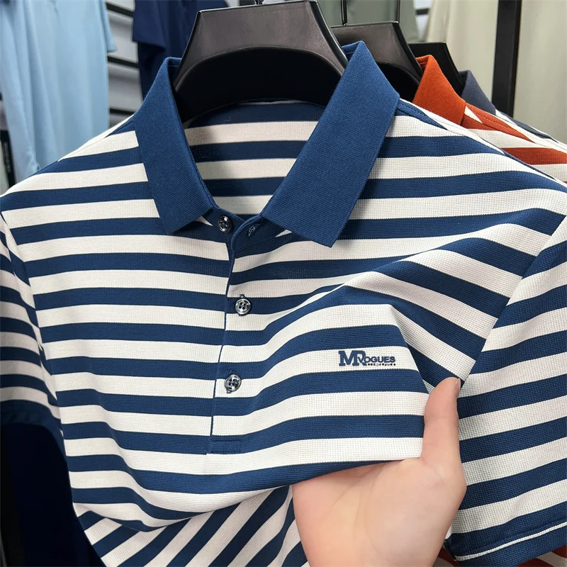 Luxury brand striped color blocked short sleeve polo shirt exquisite letter embossed men's casual lapel top comfortable T-shirt