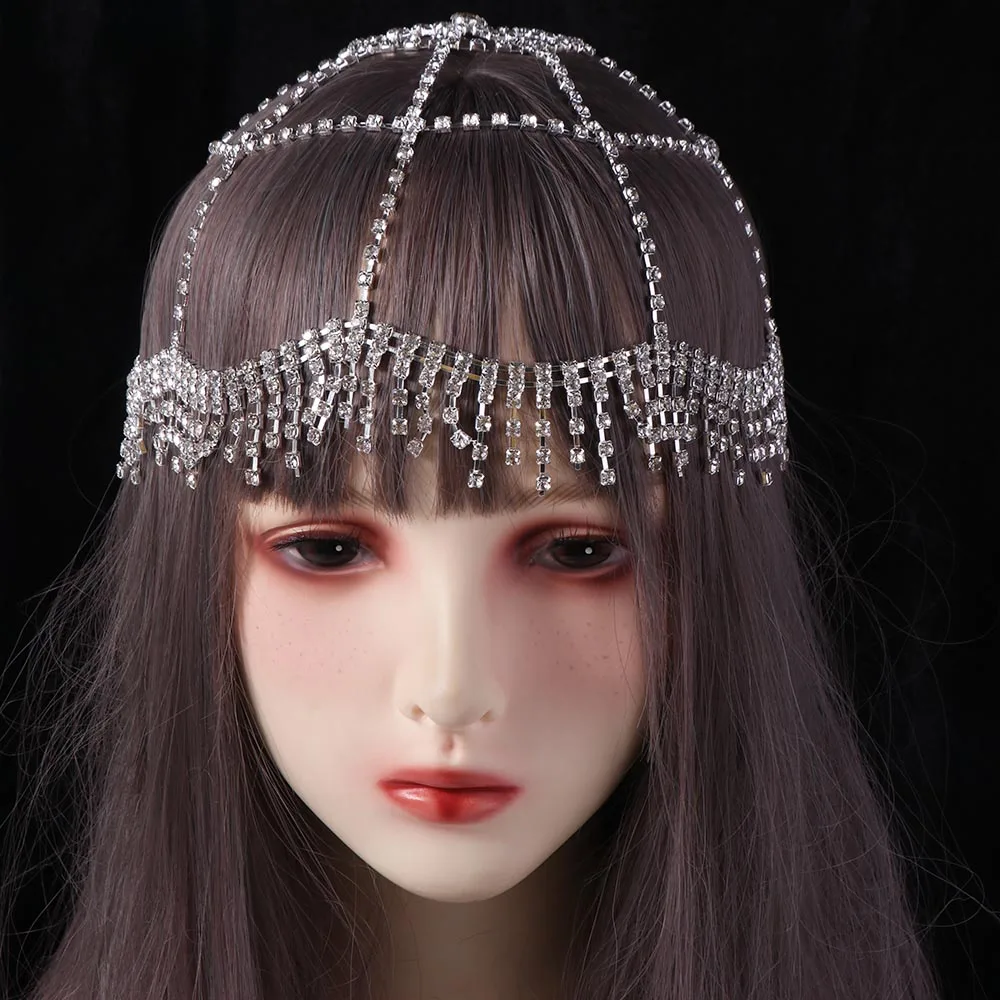 

Performance Show Crystal Rhinestone Hairband Luxury Tassel Starry Shiny Head Chain Bride Wedding Mesh Boho Headband